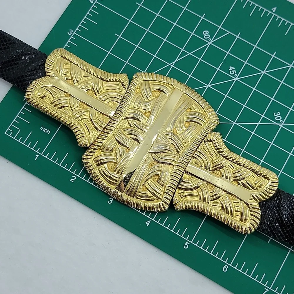 Vtg ALEXIS KIRK Belt Gold Basketweave Buckle Blk Reptile Leather 80s Rare Signed